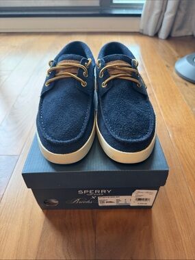 Sperry Navy Suede Boat Shoes with Tan Laces